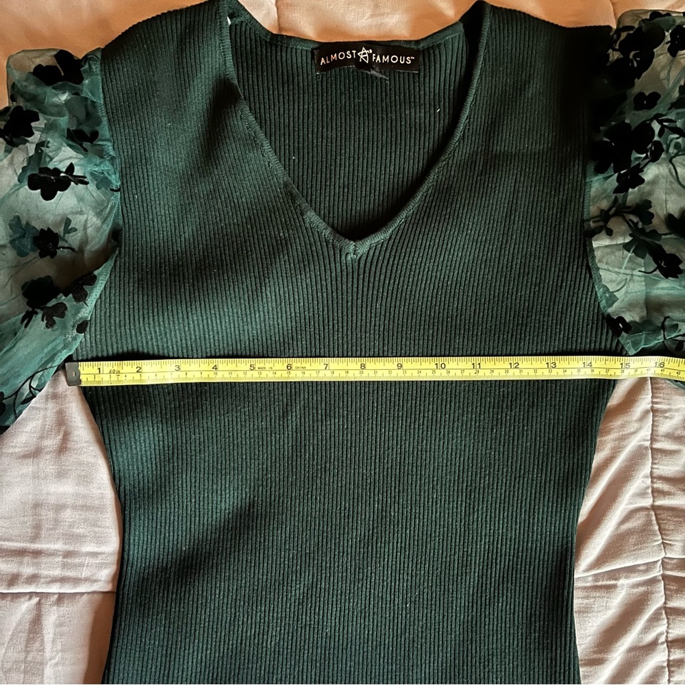 🎉HP🎉 Almost Famous Green Sweater Dress Organza Long Sleeve with Black Flowers - Picture 4 of 10